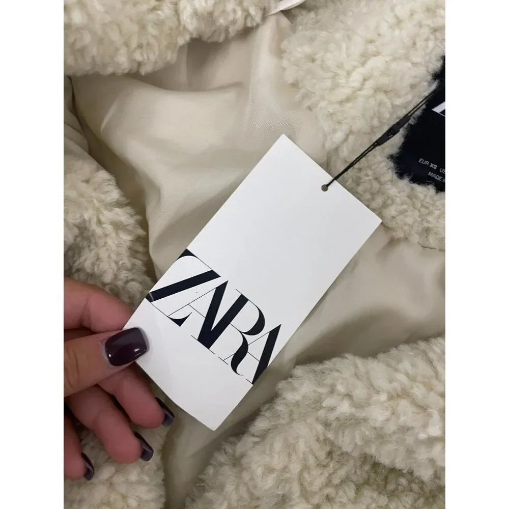 Zara Womens Faux Fur Coat Jacket XS Oyster White Teddy collared 4391/855 NWT - Picture 7 of 16